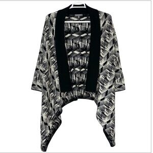 Neiman Marcus 100% Cashmere Black And Cream Abstract Open Front Drapey Cardigan